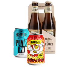 LeFort tripel tray van 4 flesjes à 33 cl,
Brewdog of Uiltje blikje à 33 cl